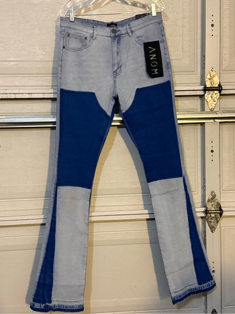 NWT ANOM Two-Tone Colorblock Stacked Flare Denim Jeans - Light & Dark Blue
